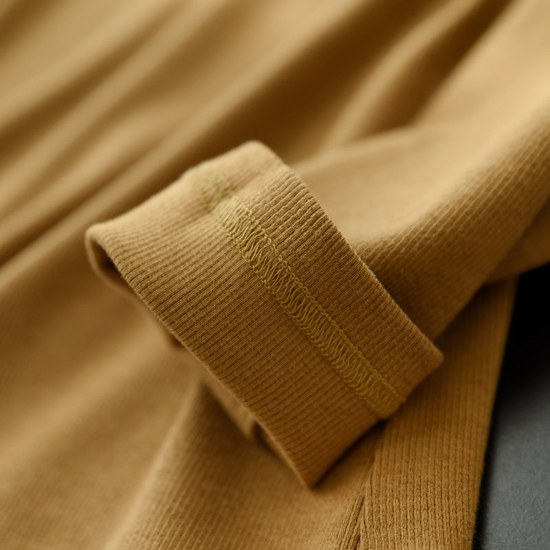 Long Sleeve Top in Ribbed Cotton with Scoop Neck - khaki sleeve cuff close-up