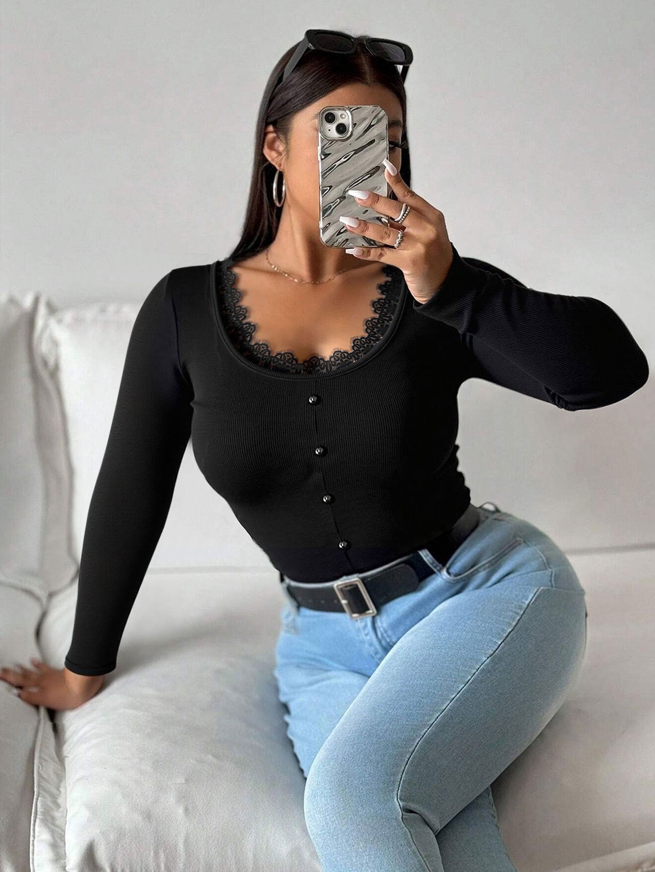 Top in Black with Lace-Trim Neckline - black side seated view