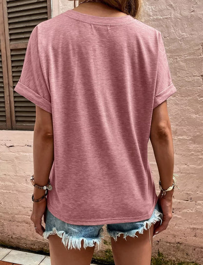 T-Shirt with V-Neck and Button Detail - pink back view