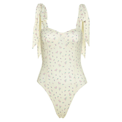 Swimsuit in Lemon Ditsy Floral with Tie Shoulders - flat front view