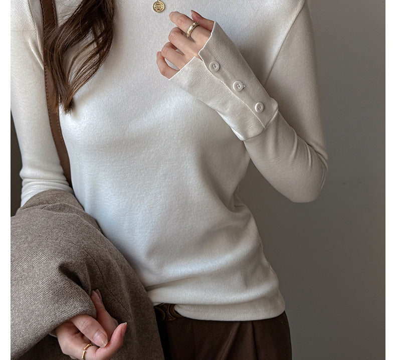 Base Layer Top with Mock Neck and Button Cuffs - white cuff close-up
