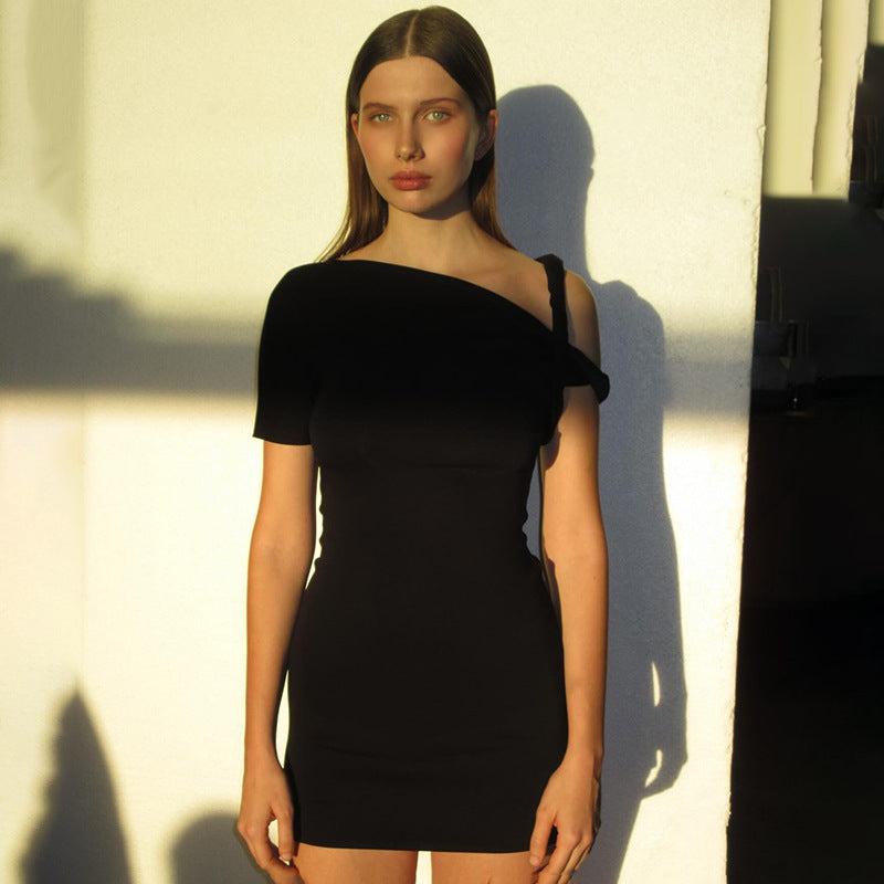 Mini Dress with One-Shoulder Twist Detail - Black front view