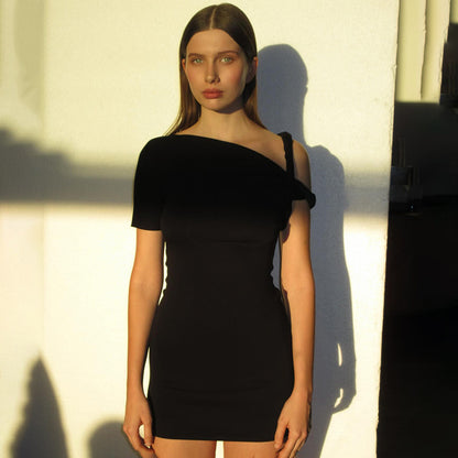 Mini Dress with One-Shoulder Twist Detail - Black front view