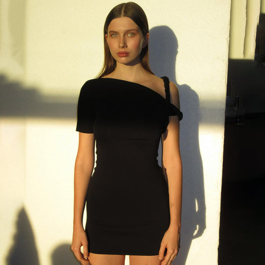 Mini Dress with One-Shoulder Twist Detail - Black front view