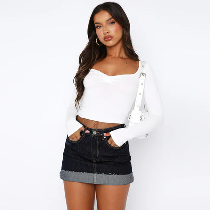 Long Sleeve Top in White with Sweetheart Neck - white front full outfit