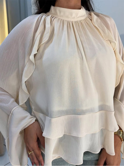 Tiered Ruffle Satin Blouse — close-up of tiered ruffle detail
