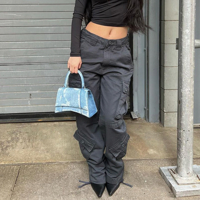 Cargo Jeans in High-Rise Multi-Pocket Utility Fit - black angled front view