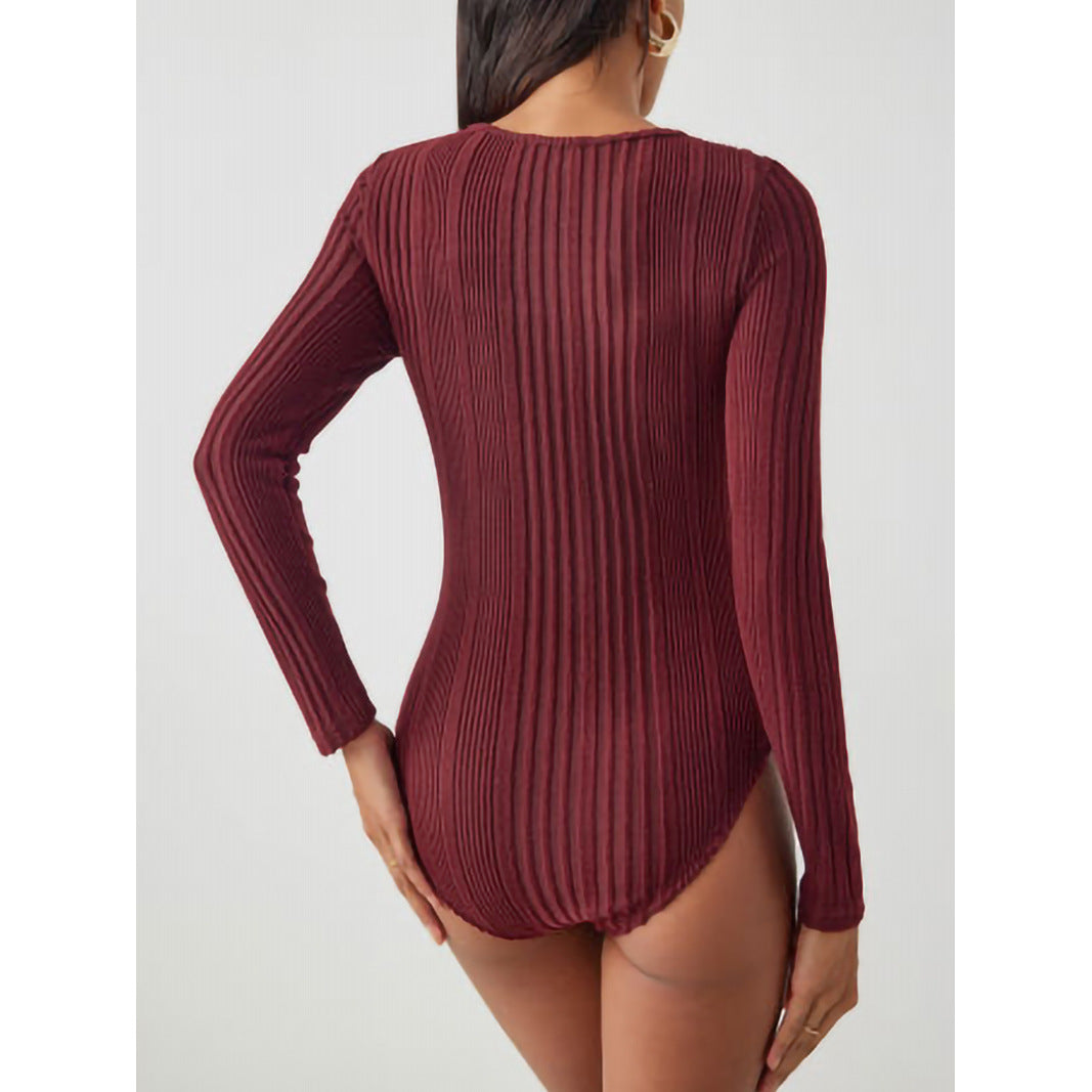 Bodysuit in Ribbed Knit with Keyhole Cut-Out - wine red back view