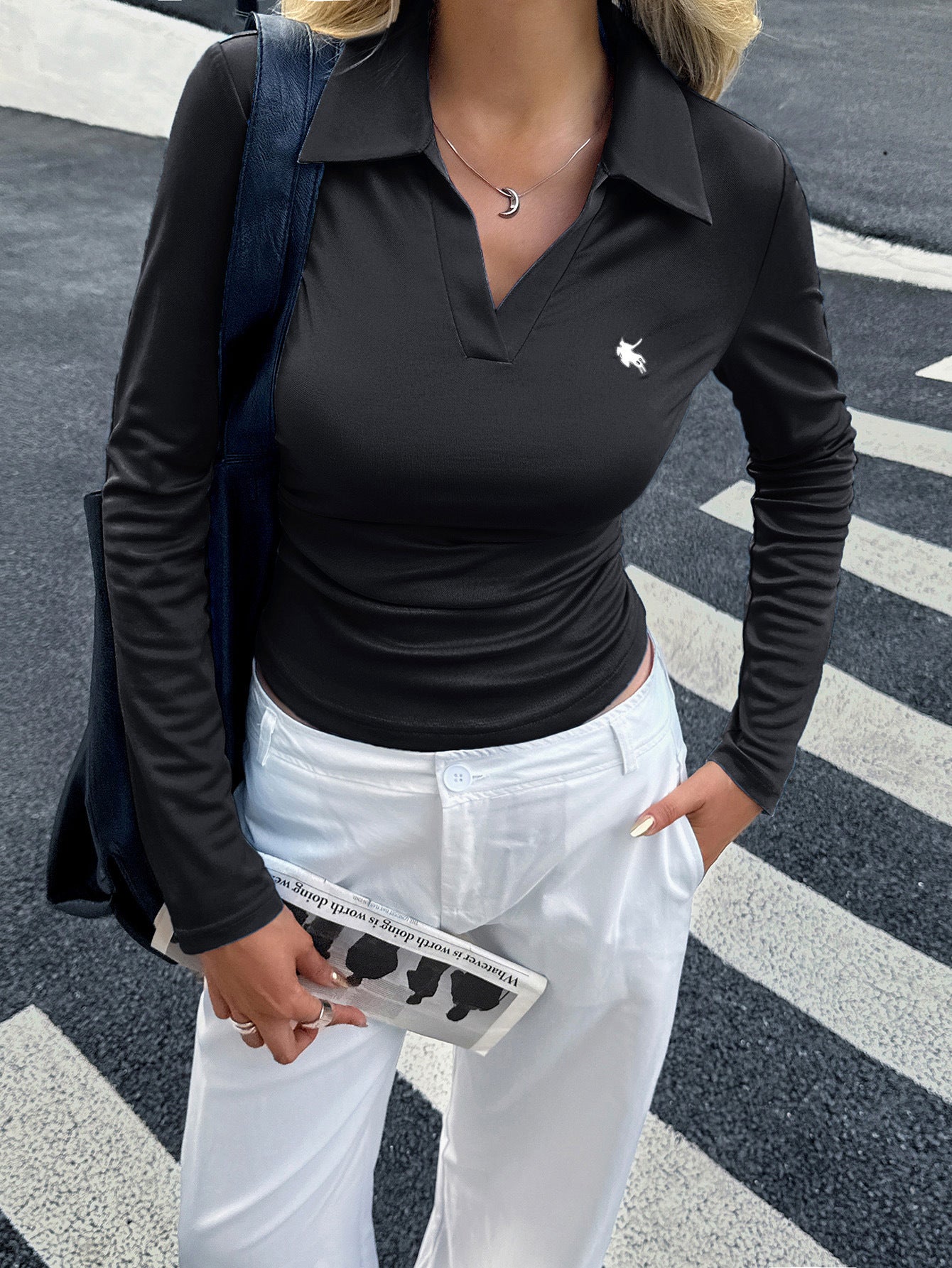 Polo Top with Long Sleeves and Waist Ruching - black street styling view