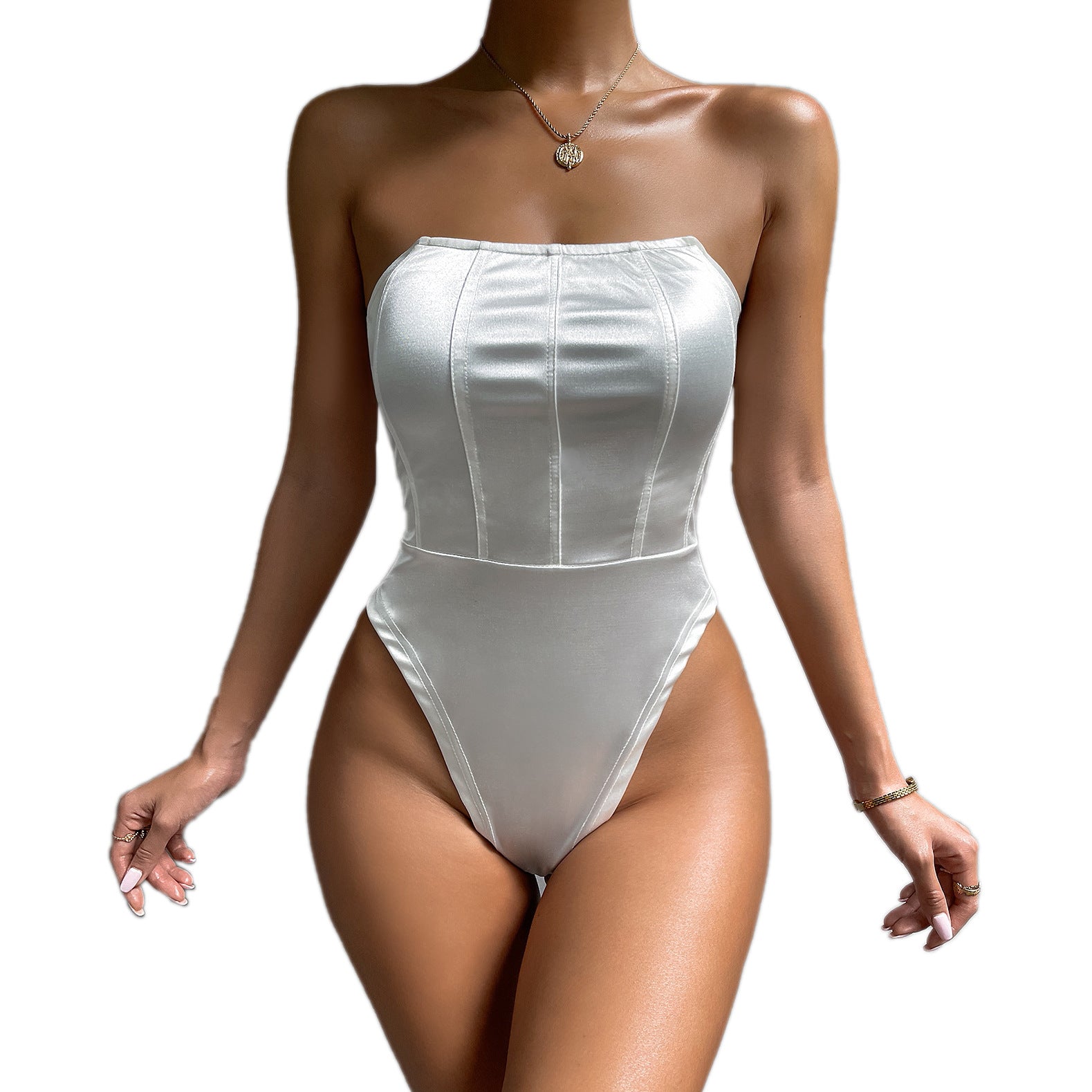 Bodysuit in White Satin-Feel Bandeau Corset Style - white full front view