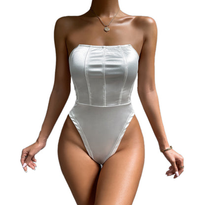 Bodysuit in White Satin-Feel Bandeau Corset Style - white full front view
