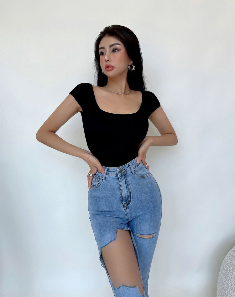 Bodysuit with Ribbed Square Neck and Open Back - black front view on model