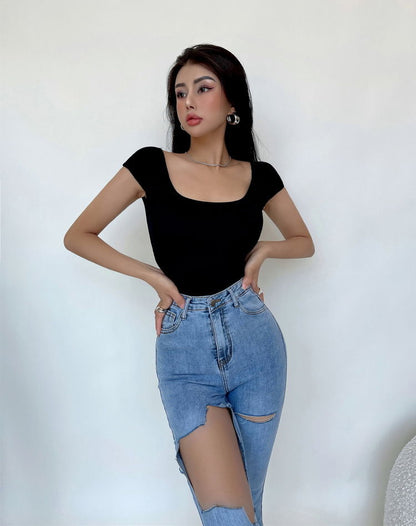Bodysuit with Ribbed Square Neck and Open Back - black front view on model