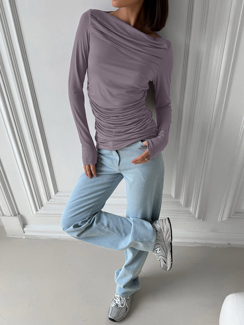 Top in Dusty Mauve with Draped Neck and Ruched Waist - dusty mauve full-length front view