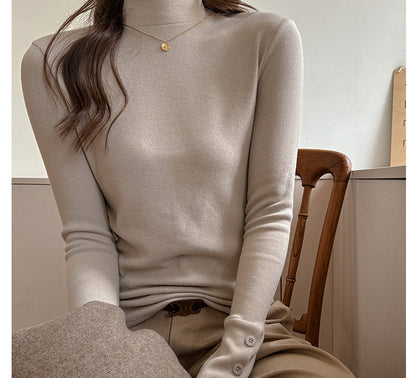 Base Layer Top with Mock Neck and Button Cuffs - milk tea seated front view