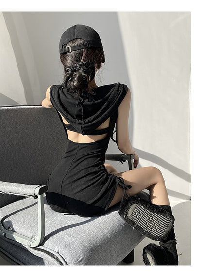 Playsuit with Hooded Cowl Neck and Ruched Sides - black back view