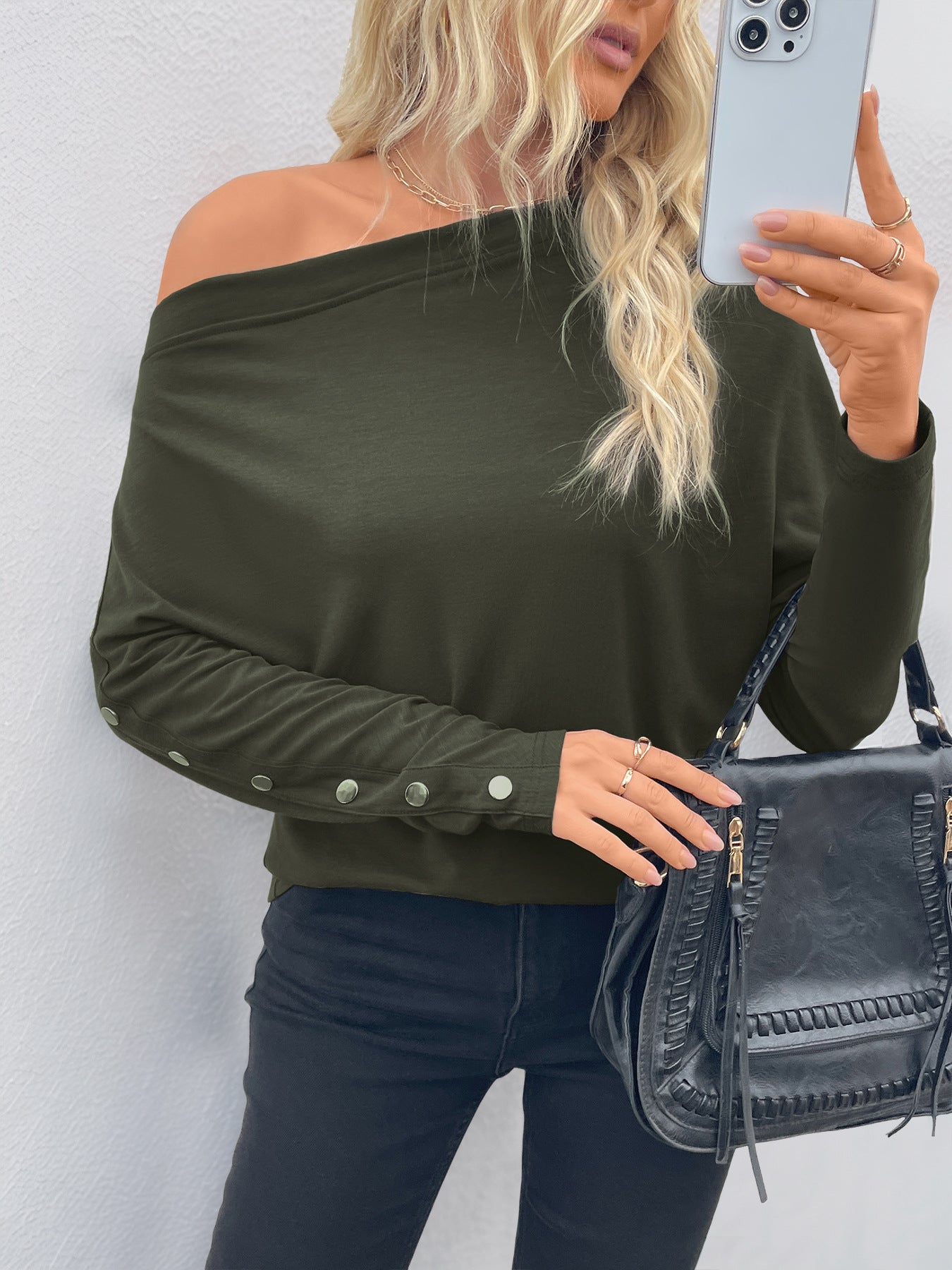 Long Sleeve Top in Dark Green with Off-Shoulder Drape - dark green neckline close-up