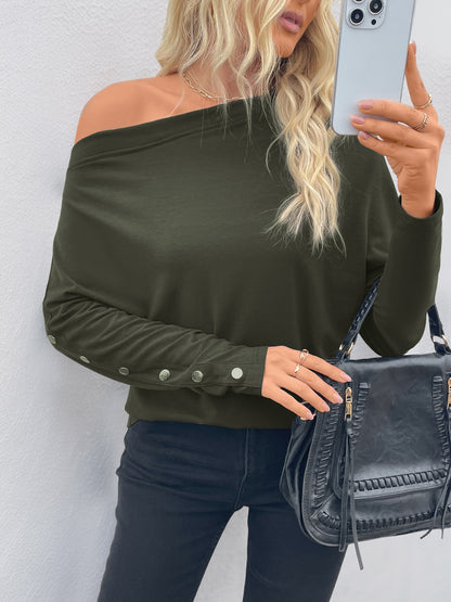 Long Sleeve Top in Dark Green with Off-Shoulder Drape - dark green neckline close-up