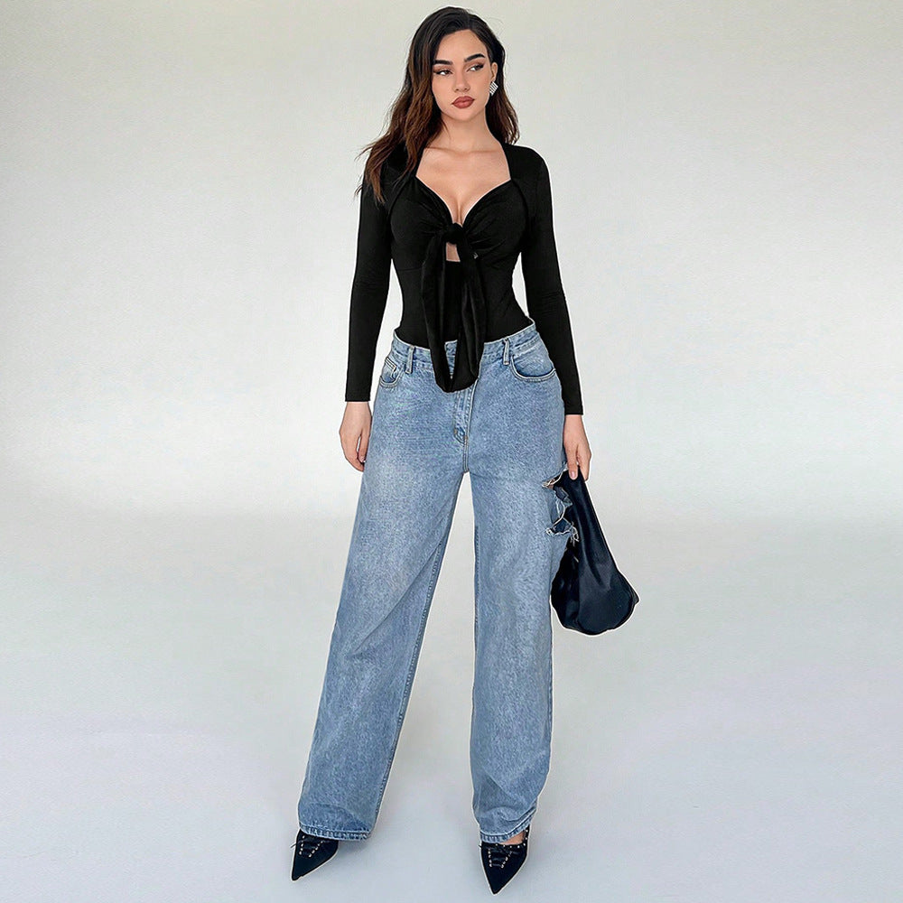 Bodysuit in Black with Ruched Tie Front - black full-length styled view
