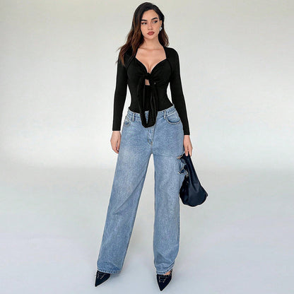Bodysuit in Black with Ruched Tie Front - black full-length styled view