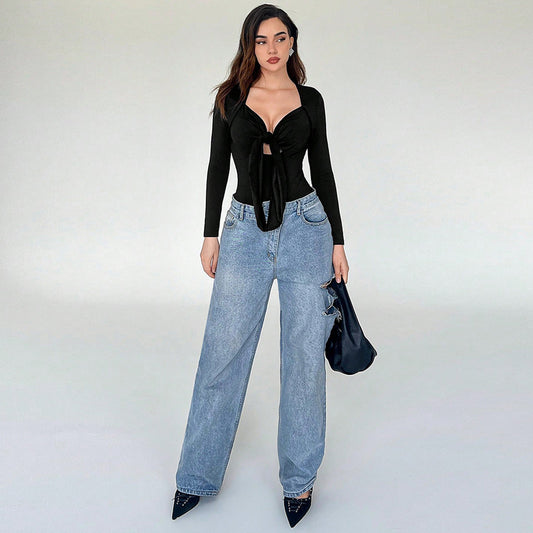 Bodysuit in Black with Ruched Tie Front - black full-length styled view