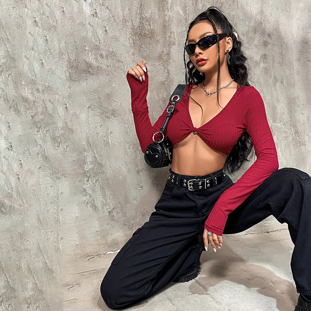 Crop Top in Wine Red with Twist Front Cut-Out - wine red kneeling outfit view