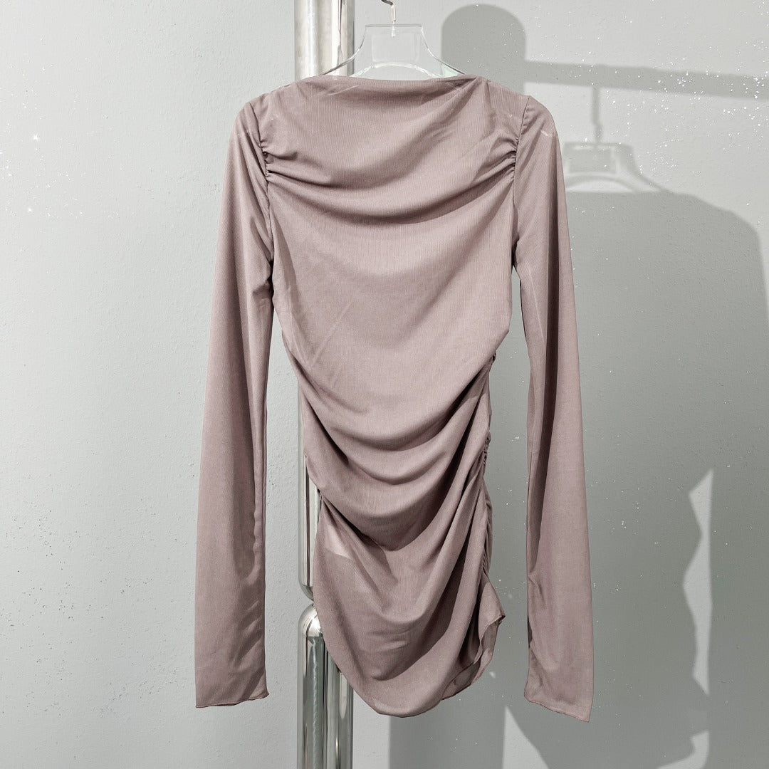 Top with Boat Neck and Draped Front in Lemon, Blue and Taupe - taupe hanger front view