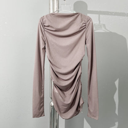 Top with Boat Neck and Draped Front in Lemon, Blue and Taupe - taupe hanger front view