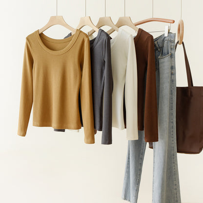 Long Sleeve Top in Ribbed Cotton with Scoop Neck - colour range hanging view