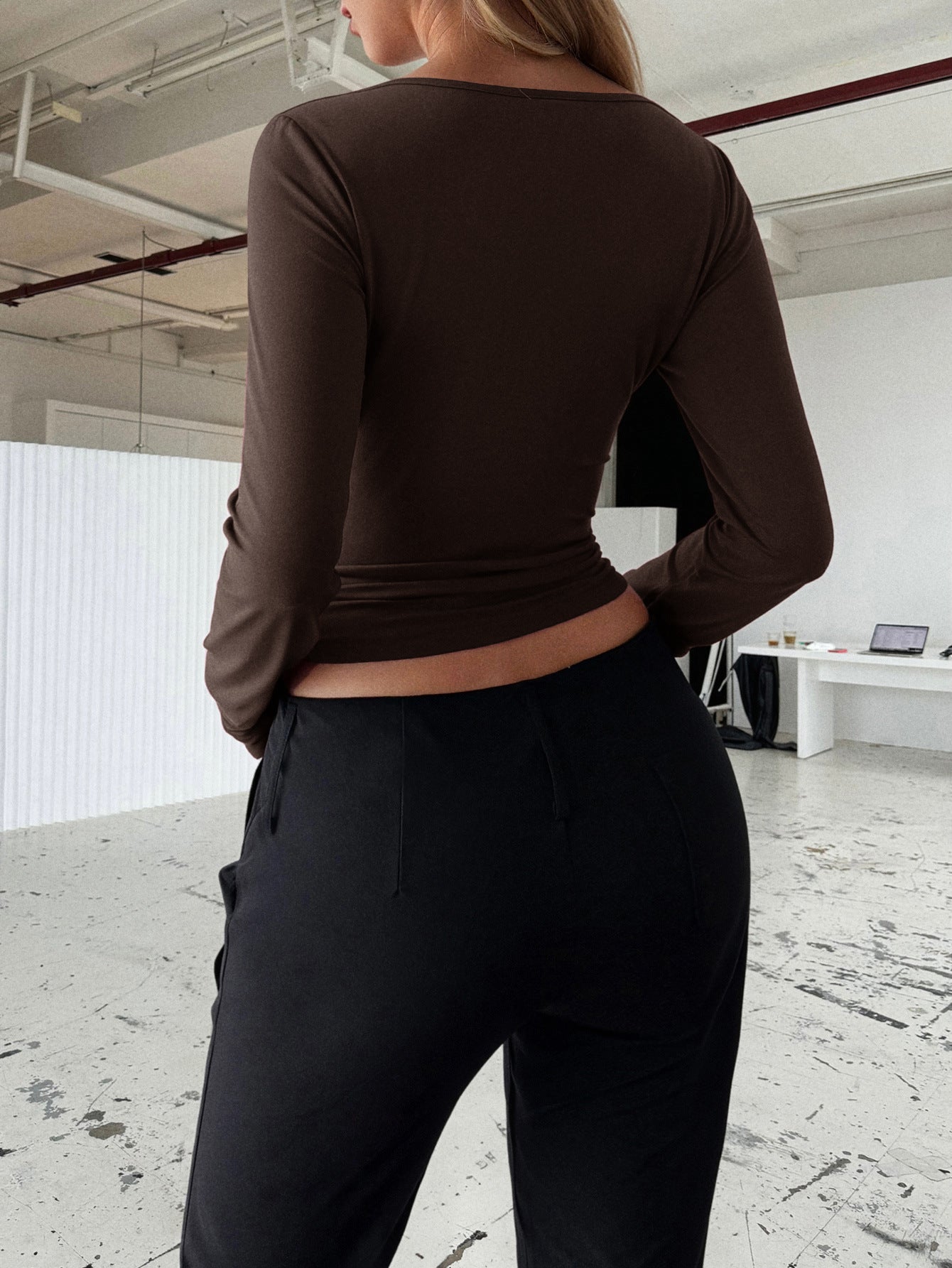 Corset Top with Lace Cups and Long Sleeves - dark brown back view