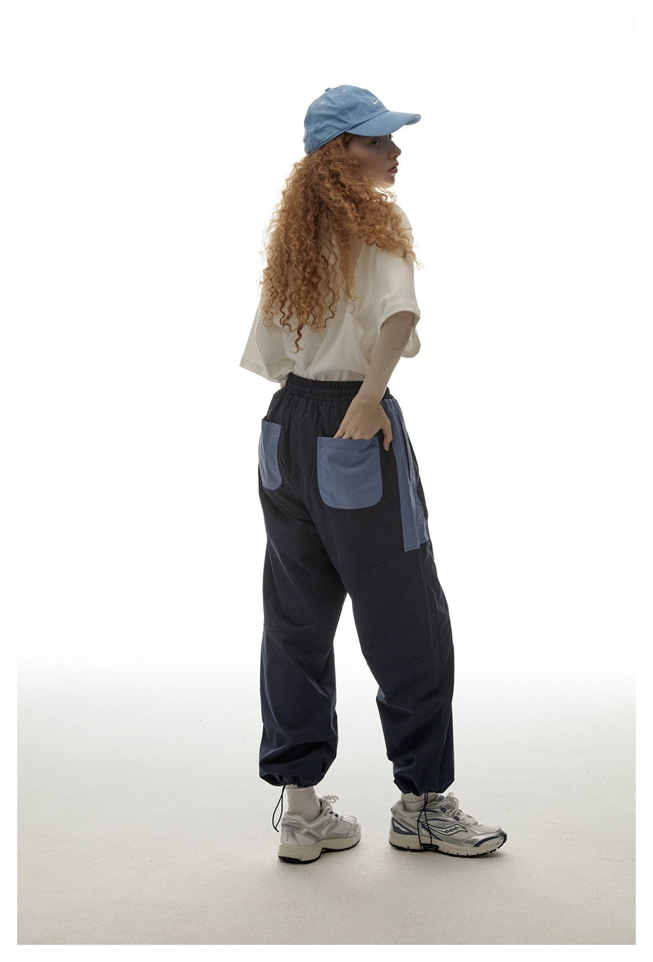 Navy Contrast-Pocket Ankle-Tie Sports Trousers - side back styled view