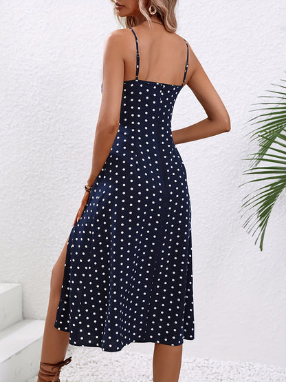 Midi Dress in Dot Print with Side Split - royal blue back view