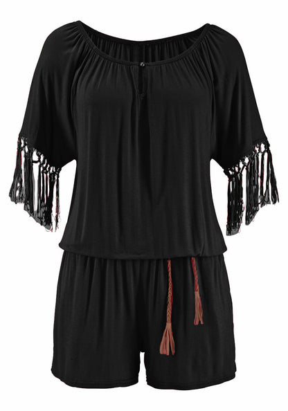Playsuit with Off-Shoulder Tassel Sleeves - black flat lay