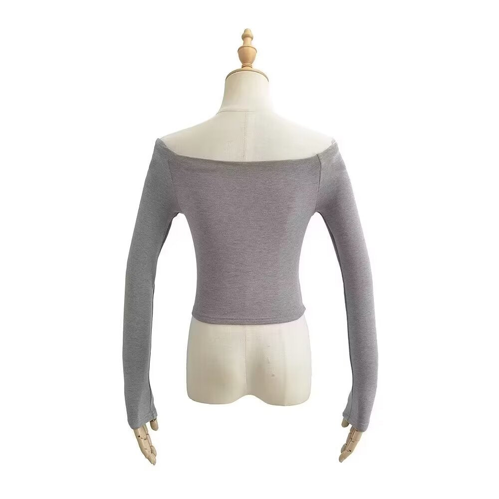 Bardot Long Sleeve Crop Top in Black, White and Neutrals - grey mannequin back view
