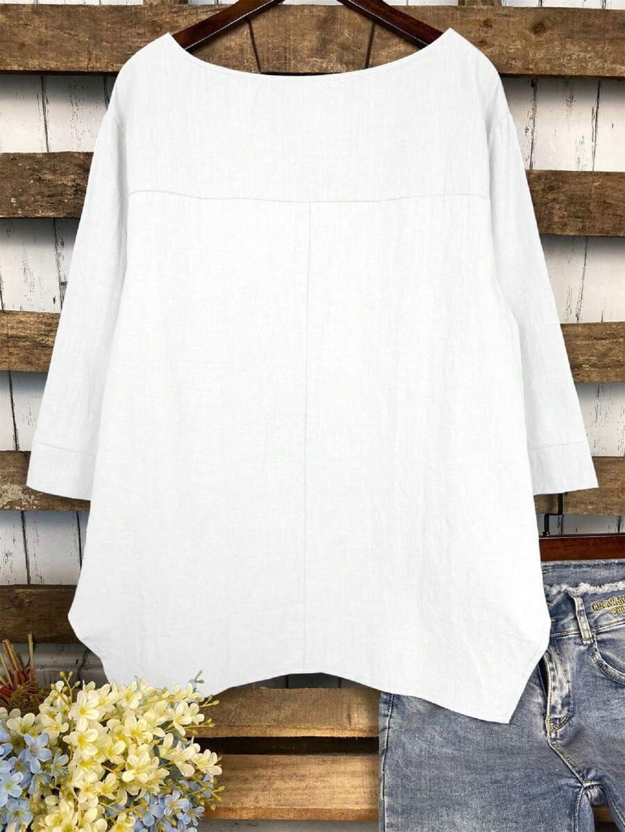 Blouse Tunic with Dipped Hem and Front Pocket - white back view
