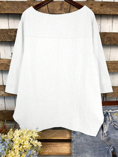 Blouse Tunic with Dipped Hem and Front Pocket - white back view