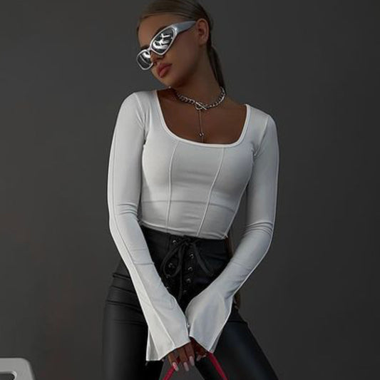 Long-Sleeve Top in White with Square Neck and Tie-Back - white full outfit front view
