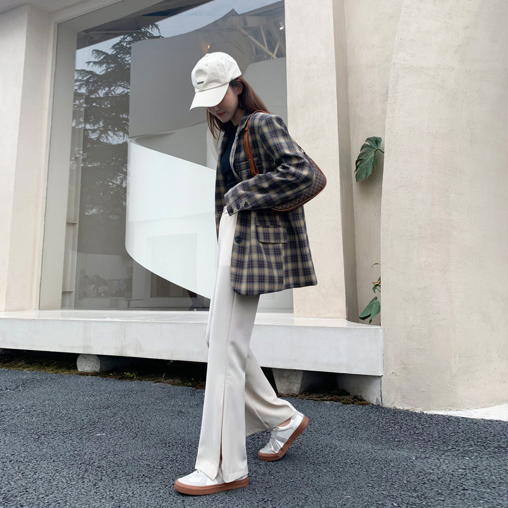 High-Waist Front-Slit Wide-Leg Trousers - apricot walking side view