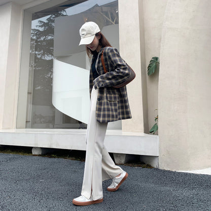 High-Waist Front-Slit Wide-Leg Trousers - apricot walking side view