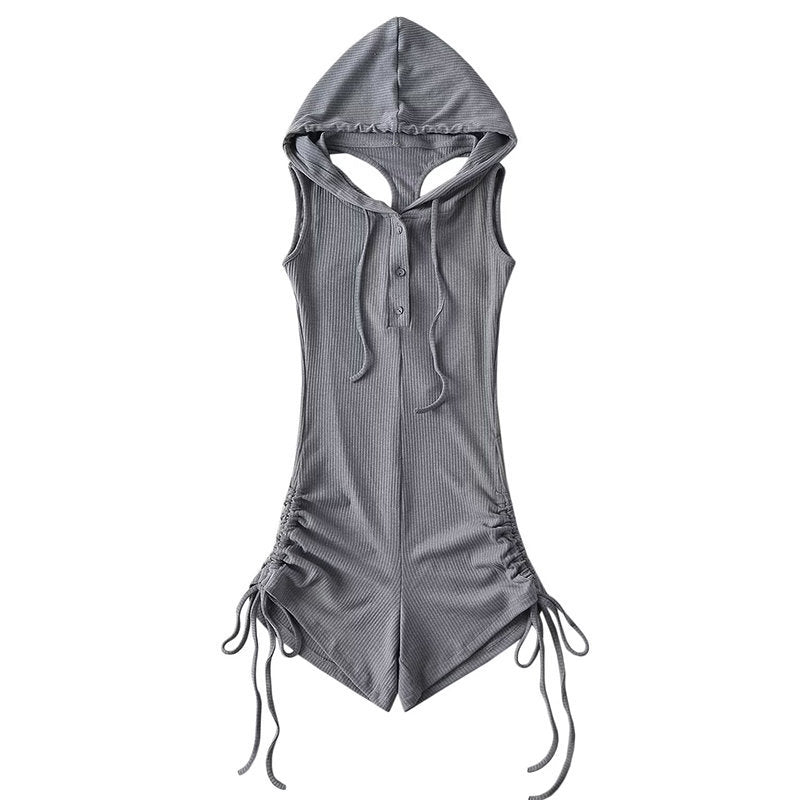 Playsuit with Hooded Cowl Neck and Ruched Sides - grey flat lay