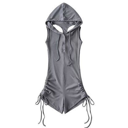 Playsuit with Hooded Cowl Neck and Ruched Sides - grey flat lay