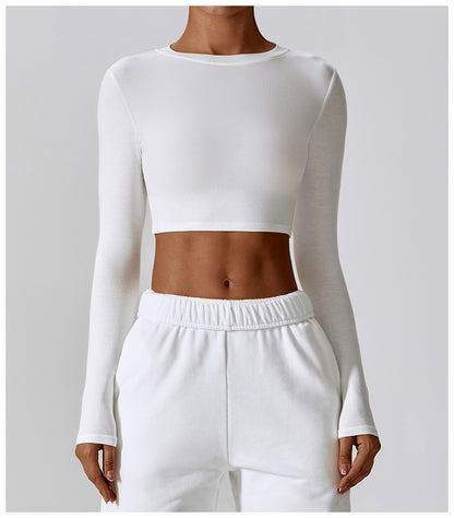 Crop Top with Thumbhole Cuffs in Quick-Dry Stretch - Swan White back view