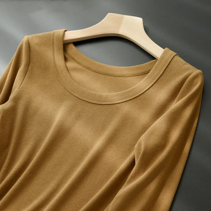 Long Sleeve Top in Ribbed Cotton with Scoop Neck - khaki flat lay neckline detail