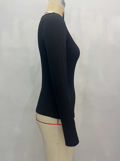 Long Sleeve Top in Black with Pearl-Trim Neckline - black side profile