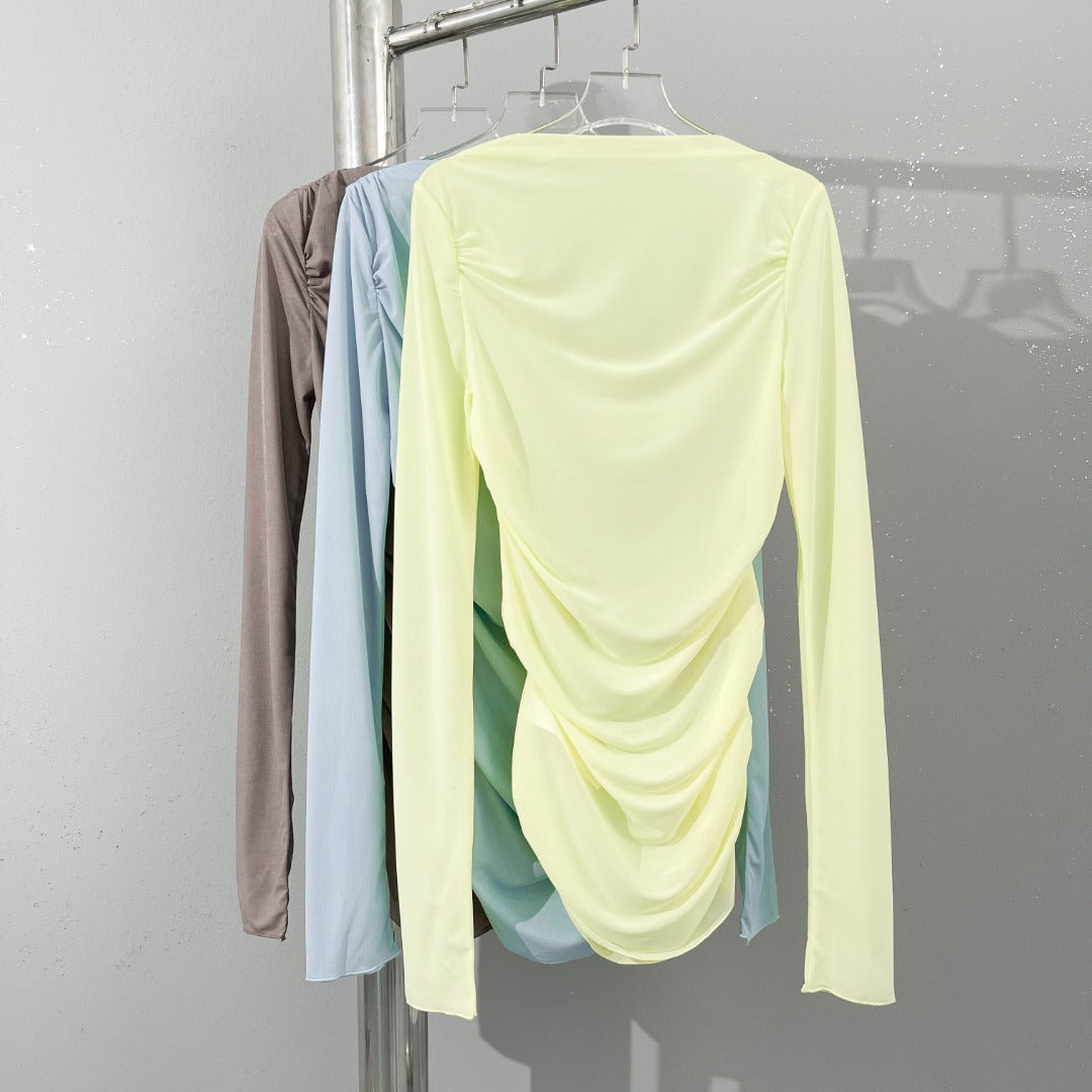 Top with Boat Neck and Draped Front in Lemon, Blue and Taupe - colour range on rail
