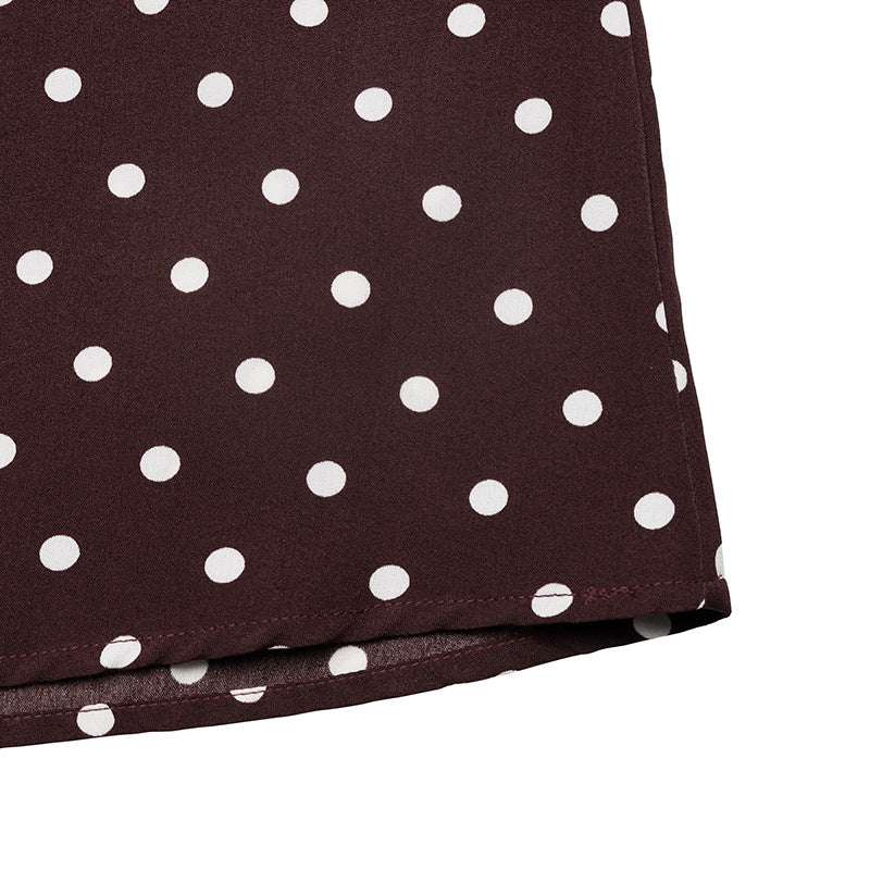 Maxi Dress with Polka Dot Halterneck Tie-Back - Coffee Brown print close-up