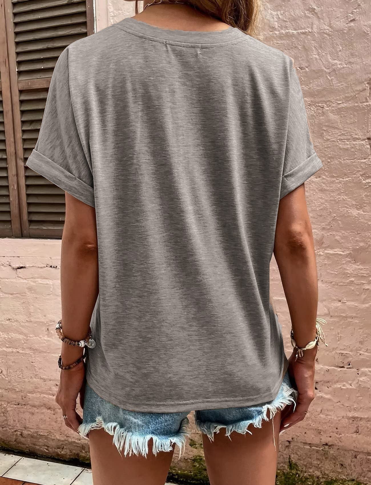 V-Neck Button Detail T-Shirt - grey back view