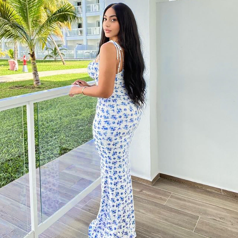 Maxi Dress in Blue Ditsy Floral Print with Tie Straps - blue floral back view