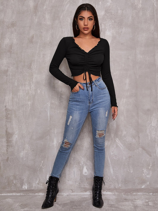 Crop Top in Black with Ruched V-Neck and Long Sleeves - black full-length front view