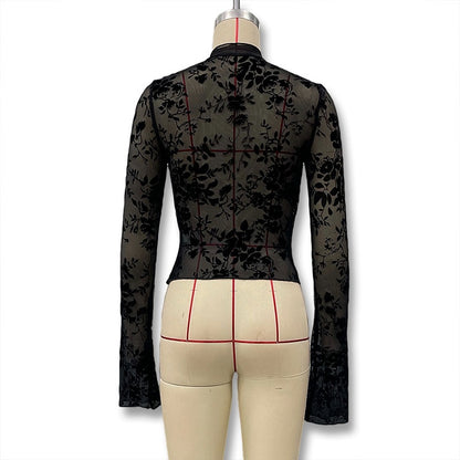 Blouse in Black Sheer Flocked Mesh with Tie Front - black back view